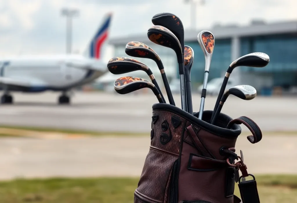 A damaged golf bag with burnt clubs after baggage mishap