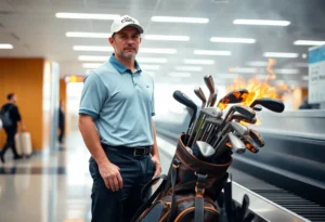 Golfer John Andre looking at his damaged golf bag at the airport.