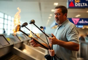 Frustrated man with damaged golf clubs in an airport