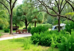 A beautiful landscape of Florida's state parks with trees and a river.