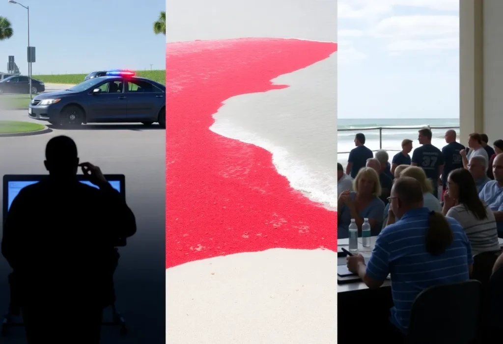 Fort Myers beach impacted by red tide with an image of a damaged golf bag at an airport.