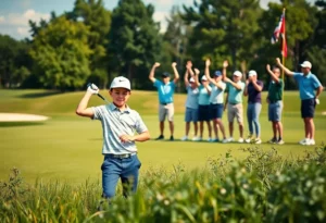 Frederik Kjettrup playing golf with his team in the background