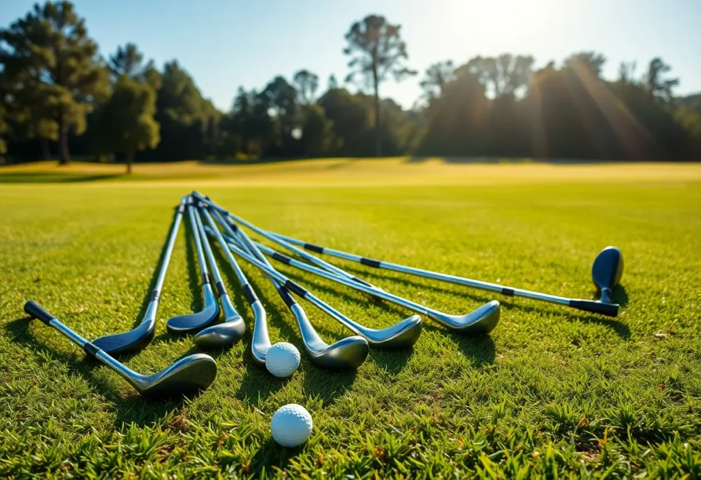 Collection of different branded golf clubs on a golf course.