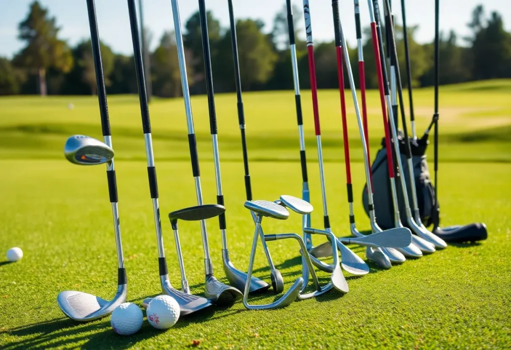 Various golf clubs including drivers, irons, wedges, and putters on a golf course