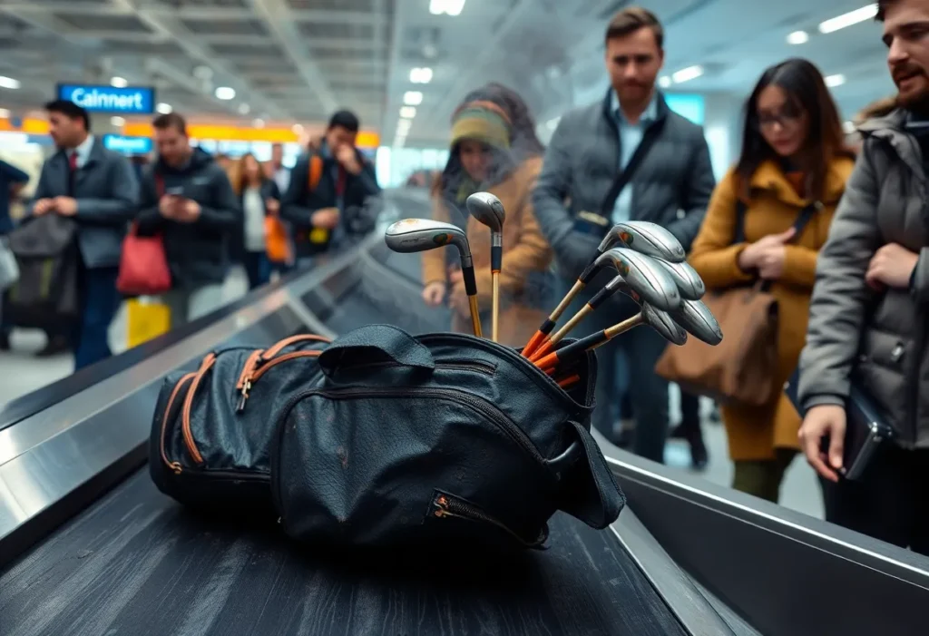 Burnt golf bag and clubs at baggage claim