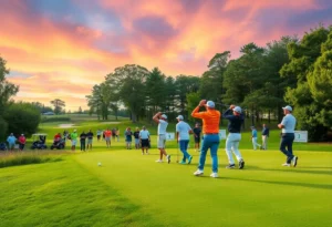 Golfers playing in a tournament on a sunny day