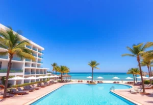 Elegant lobby of Hilton Sandestin Beach Resort with palm trees and blue umbrellas