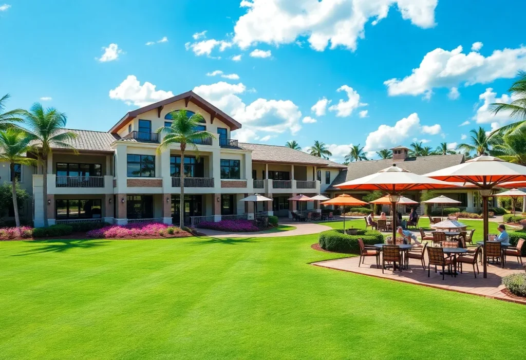 A vibrant scene of a South Florida country club with lush green landscapes and members enjoying the facility.