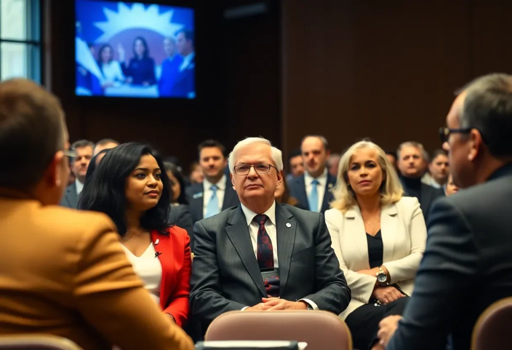 A group of people in a conference discussing legal matters.