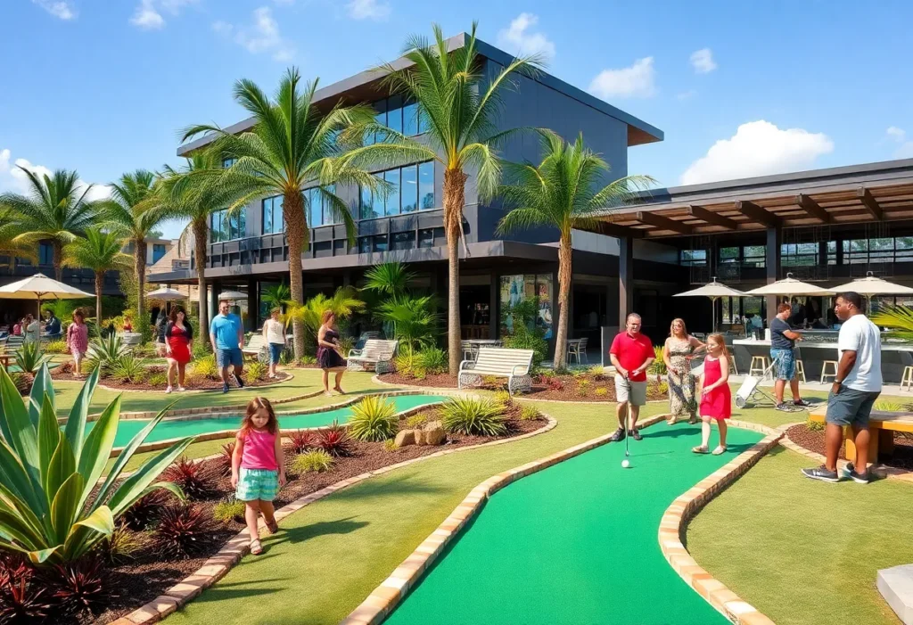 Families enjoying mini-golf at PopStroke in West Palm Beach with tropical landscaping