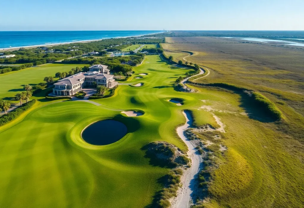 A scenic view of a golf course in Florida with palm trees and a blue sky.