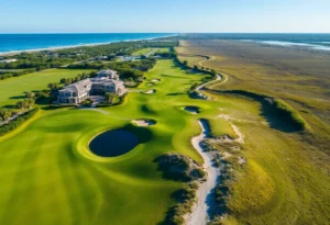 A scenic view of a golf course in Florida with palm trees and a blue sky.