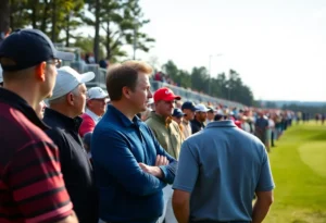 Spectators discussing a hairstyle change at a golf club event.