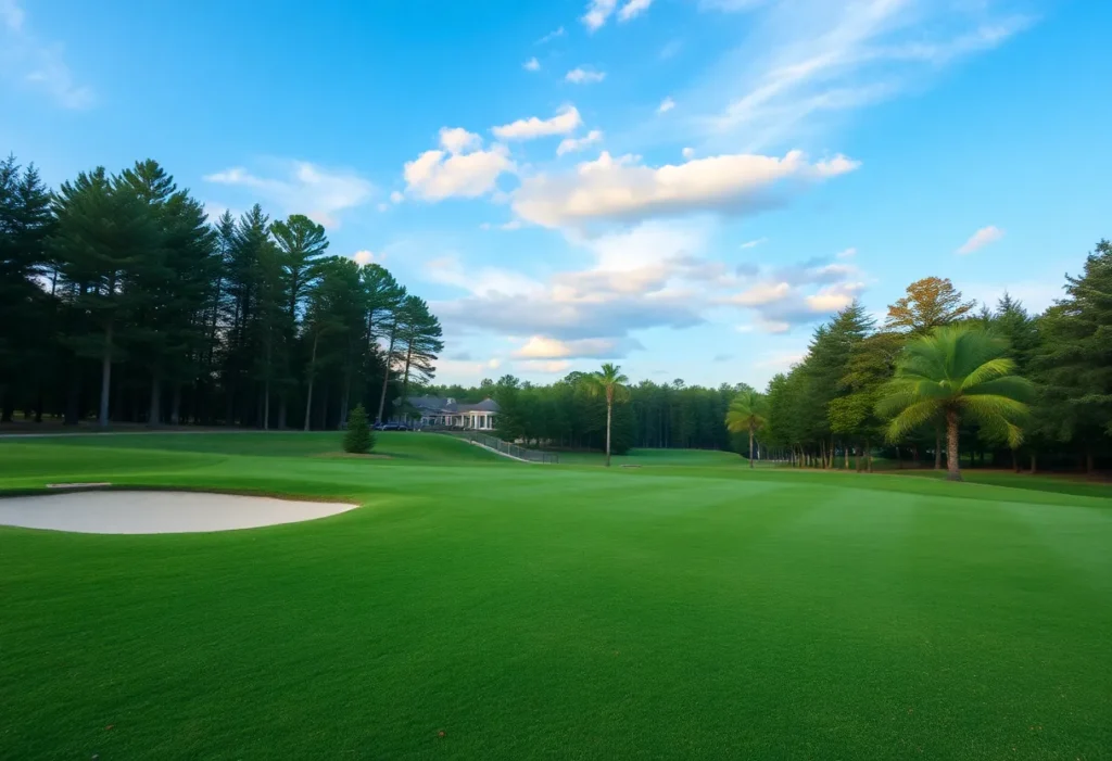 Close up of a beautiful golf course showcasing its lush greens and scenic surroundings.