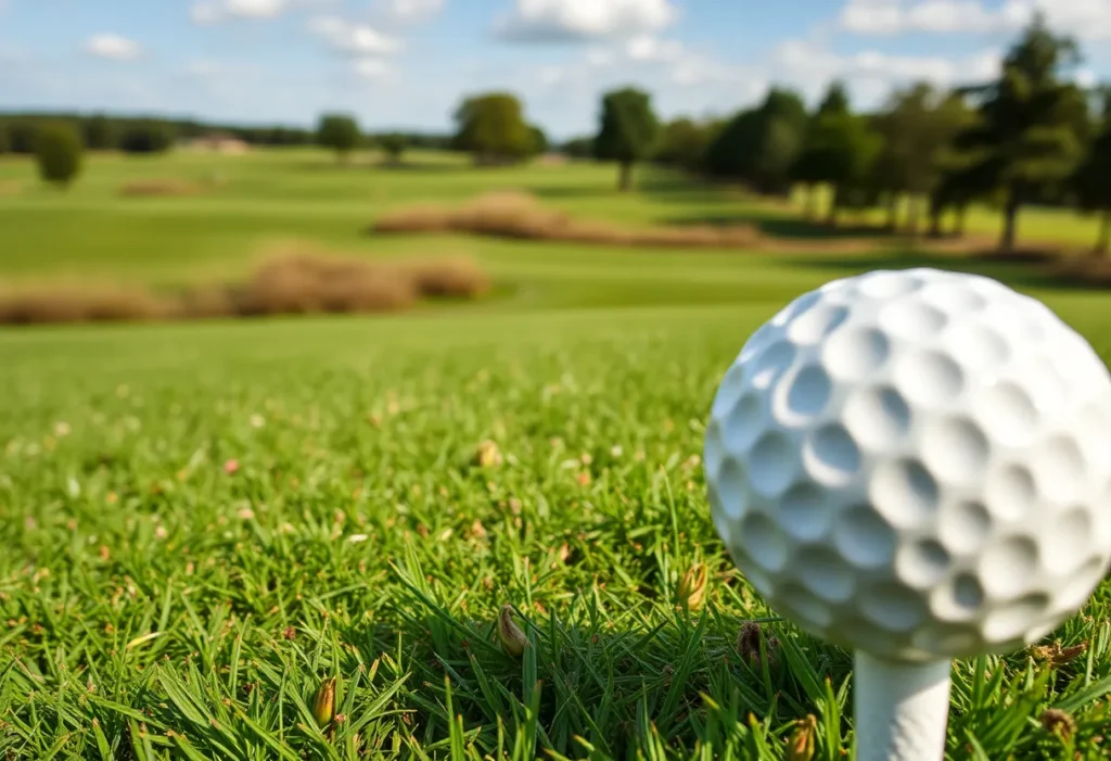 Close-up of a beautiful golf course with lush greenery.