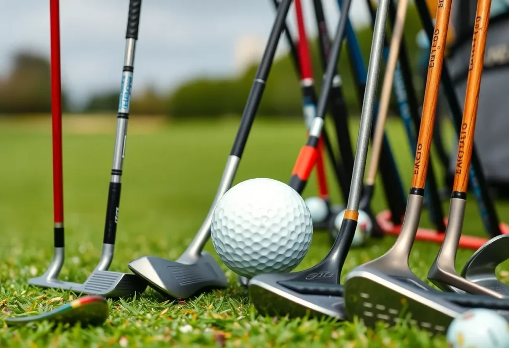 An assortment of beginner golf clubs including a putter, driver, and wedge in a golf setting.