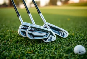 Close-up of Callaway Elyte family irons on a golf course