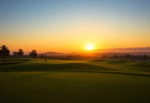 An expansive golf course with lush greens and sunset backdrop