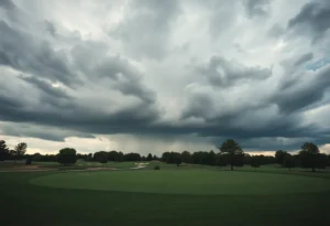 A golf course under cloudy skies, conveying unease.