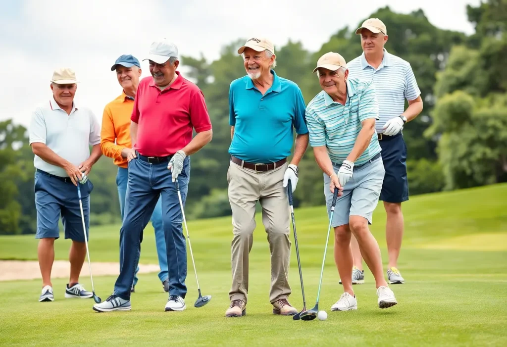 A diverse group of golfers playing on a sunny course