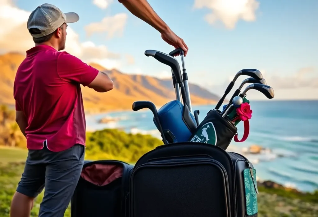 Golfer packing golf equipment for Hawaiian Airlines travel