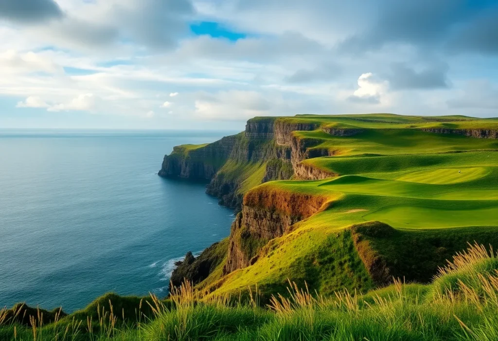 A beautiful view of an Irish golf course with green fairways and coastal scenery.