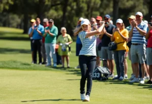 Young golfer practicing swing on a golf course