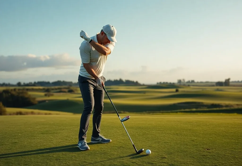 Golfer testing cutting-edge golf equipment on the course.