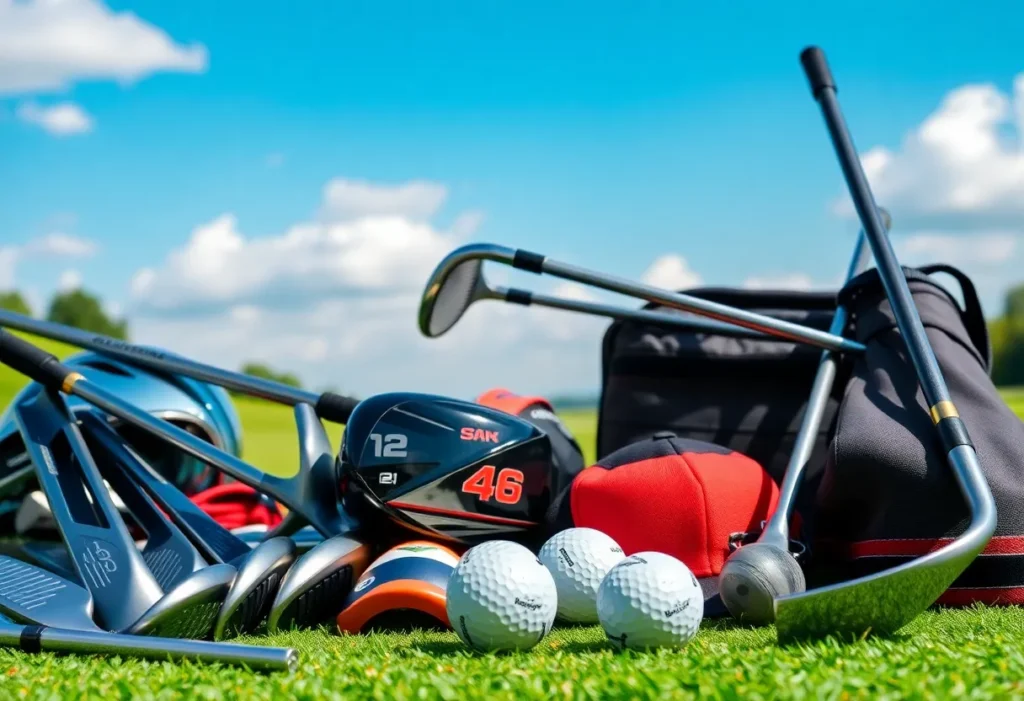 A collection of the latest golf gear including clubs and wearables displayed on a golf course.