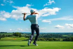 Golfer demonstrating new golf equipment from Cobra-Puma on a sunny golf course.