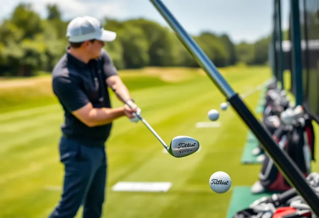 A golfer at a range using Titleist clubs and balls