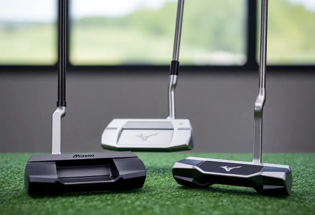 Mizuno M.Craft X putters set against a golf course background