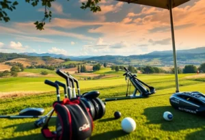 New golf wedges and putters displayed on a beautiful golf course