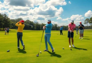 Golfers using non-conforming golf clubs on a sunny course