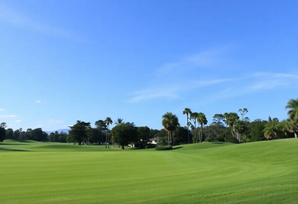 Close view of a stunning golf course with manicured greens and scenic backdrop