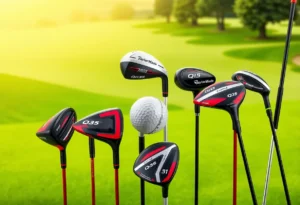 Collection of TaylorMade Qi35 golf clubs on a golf course