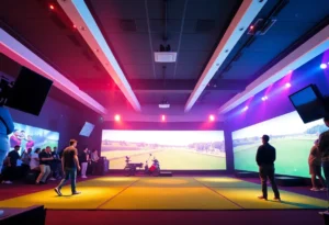 Concept image of a high-tech golf arena filled with spectators and advanced simulators.