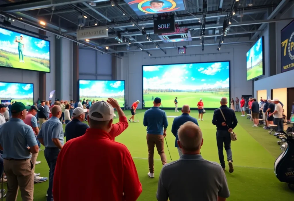 Golfers competing in the inaugural match of TGL golf league at a modern facility