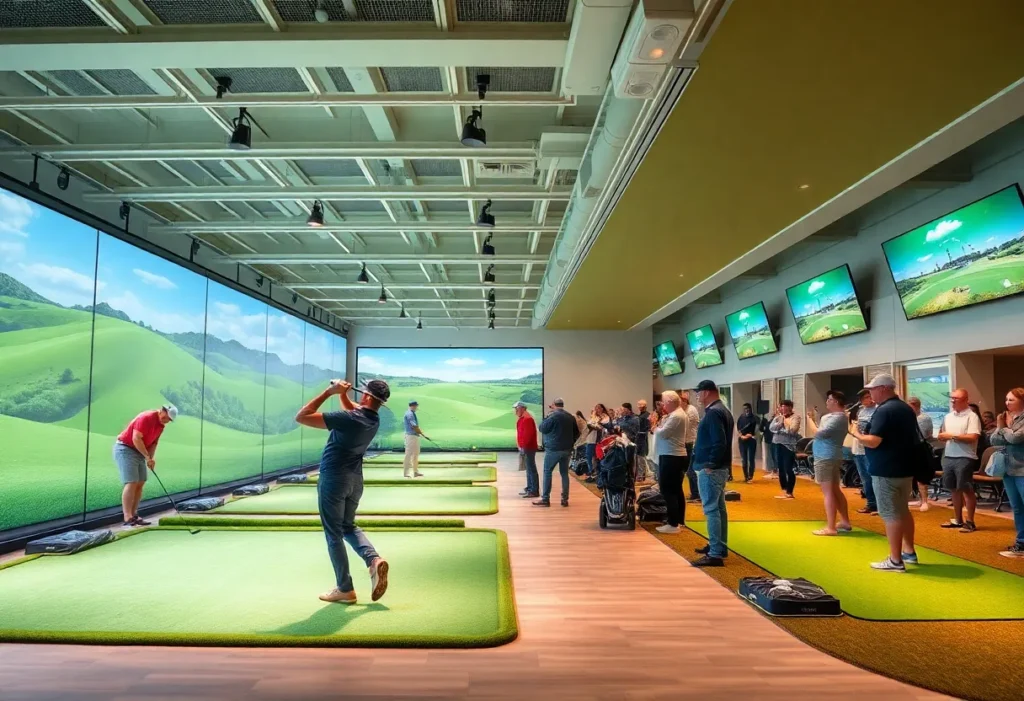 Indoor golf league showcasing players and technology