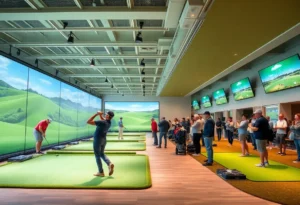 Indoor golf league showcasing players and technology