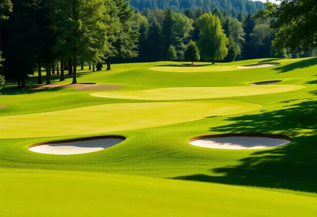 Close-up view of a beautiful golf course showcasing its vibrant greens and immaculate layout.