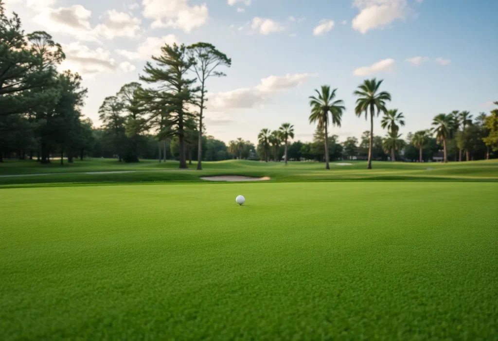 Close up of a beautiful golf course showcasing lush fairways and desert flora