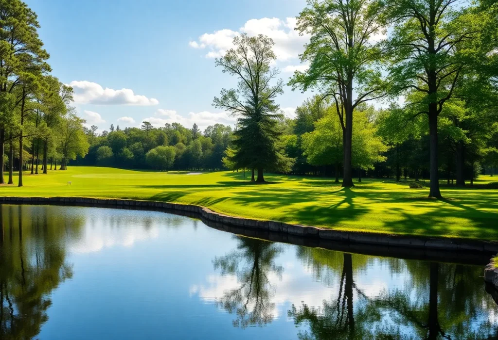 Close up of a beautifully maintained golf course with lush greens.