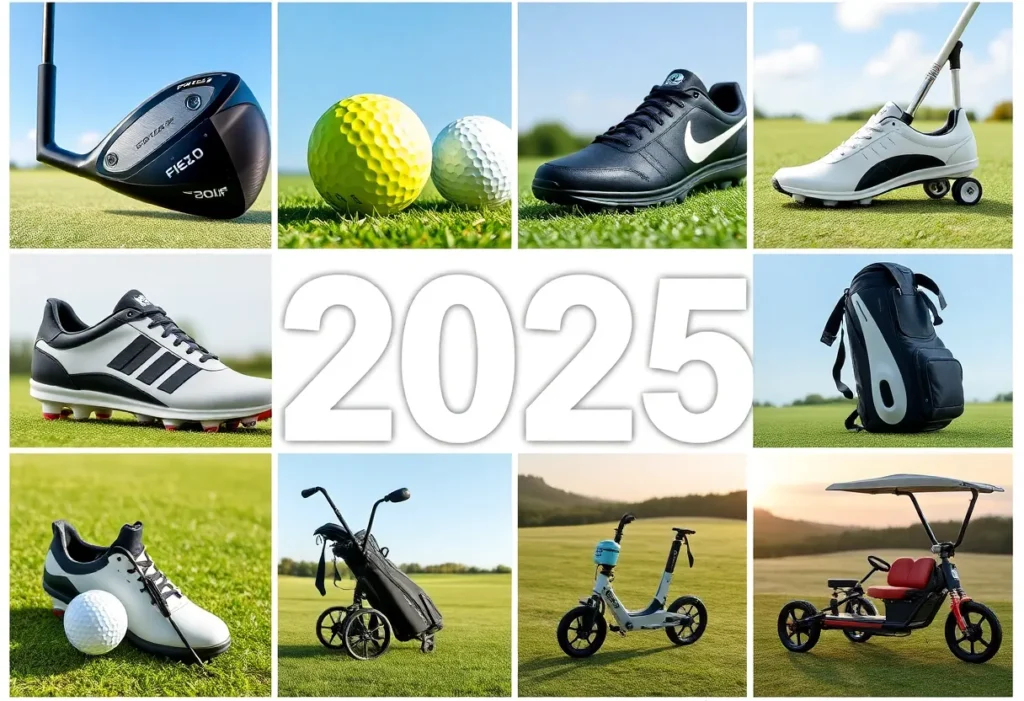 Collage of new golf gear for 2025 including drivers, balls, shoes, bags, and training aids.