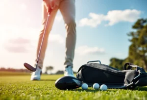 A golfer evaluating the latest golf clubs and technology on the course