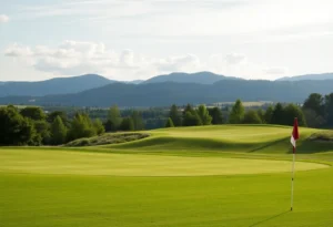 Close up of a beautiful golf course with vibrant greens and serene surroundings.